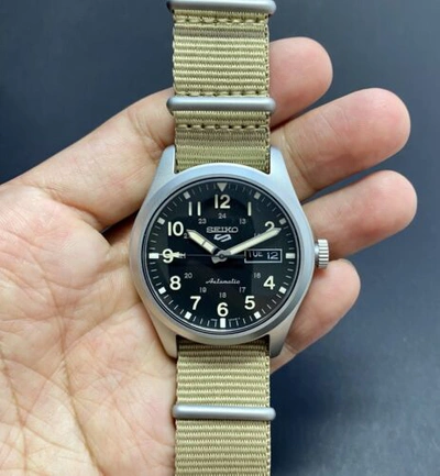Pre-owned Seiko 5 Sports Srpg35k1 39mm Khaki Strap Nylon Curved Crystal