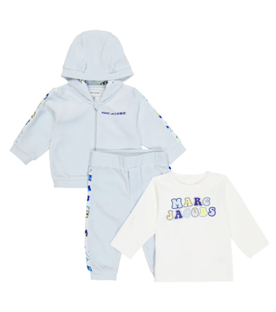 Shop Marc Jacobs Baby Cotton-blend Jacket, T-shirt And Sweatpants Set In Pale Blue