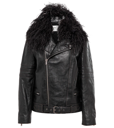 Shop Saint Laurent Feather-trimmed Leather Biker Jacket In Noir/noir