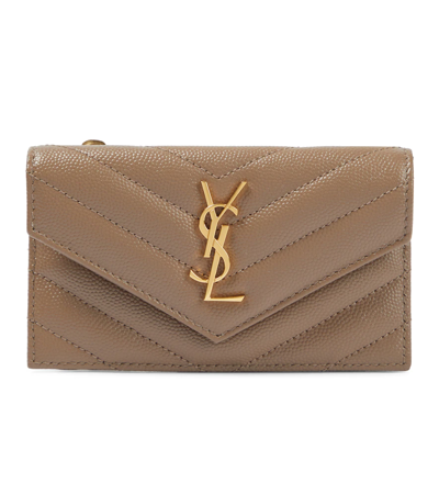 Shop Saint Laurent Fragments Leather Card Holder In Taupe