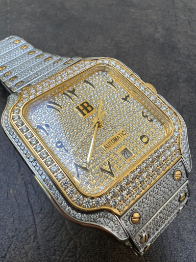 Pre-owned Hip Hop Real Moissanite Watch Iced Automatic Movement Gold Two Tone  Arabic Out