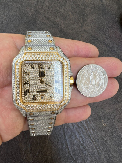 Pre-owned Hip Hop Real 16ct Vvs Moissanite Watch Iced Automatic Movement  Two Tone Gold