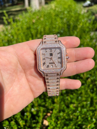 Pre-owned Hip Hop Real Mens 16ct Vvs Moissanite Watch Iced Automatic Movement  Rose Gold