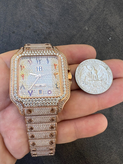Pre-owned Hip Hop Real Mens Moissanite Watch Iced Automatic Movement  Rose Gold Arabic Face