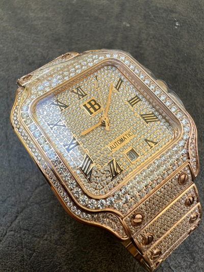 Pre-owned Hip Hop Real Mens 16ct Vvs Moissanite Watch Iced Automatic Movement  Rose Gold