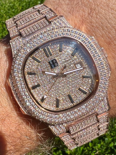 Pre-owned Hip Hop Real Mens Watch Fully Iced Rose Gold Stainless Steel Bust Down Out 41mm