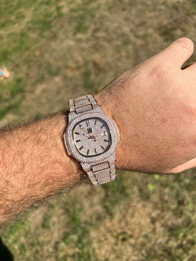 Pre-owned Hip Hop Real Mens Watch Fully Iced Rose Gold Stainless Steel Bust Down Out 41mm