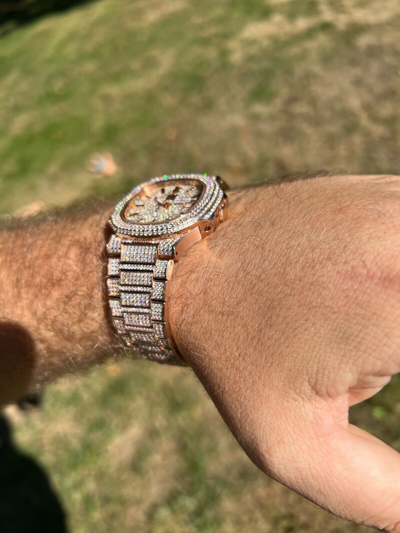 Pre-owned Hip Hop Real Mens Watch Fully Iced Rose Gold Stainless Steel Bust Down Out 41mm