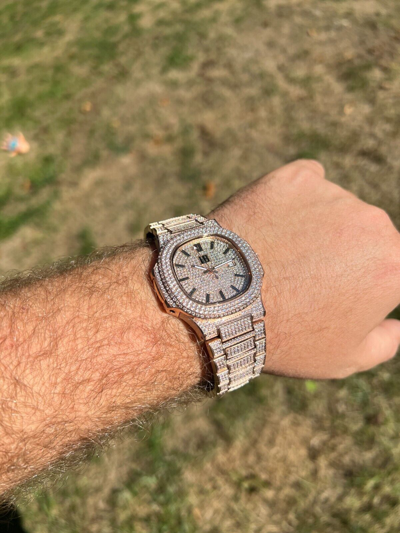 Pre-owned Hip Hop Real Mens Watch Fully Iced Rose Gold Stainless Steel Bust Down Out 41mm