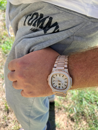 Pre-owned Hip Hop Real Mens Watch Fully Iced Rose Gold Stainless Steel Bust Down Out 41mm