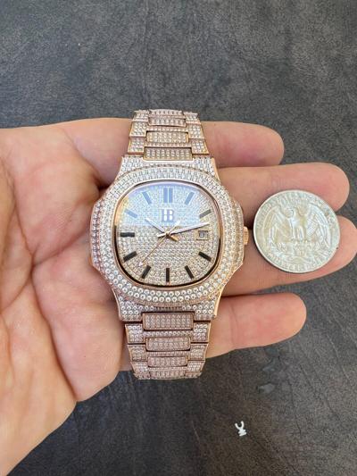 Pre-owned Hip Hop Real Mens Watch Fully Iced Rose Gold Stainless Steel Bust Down Out 41mm
