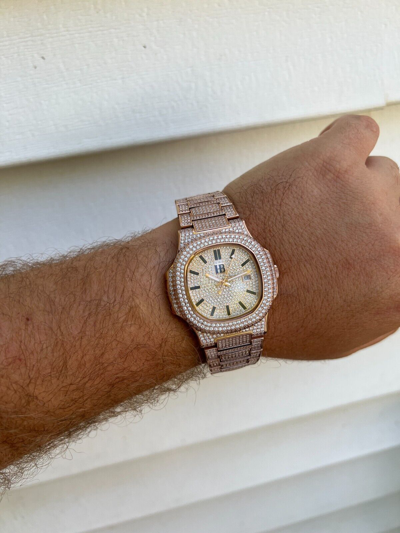 Pre-owned Hip Hop Real Mens Watch Fully Iced Rose Gold Stainless Steel Bust Down Out 41mm
