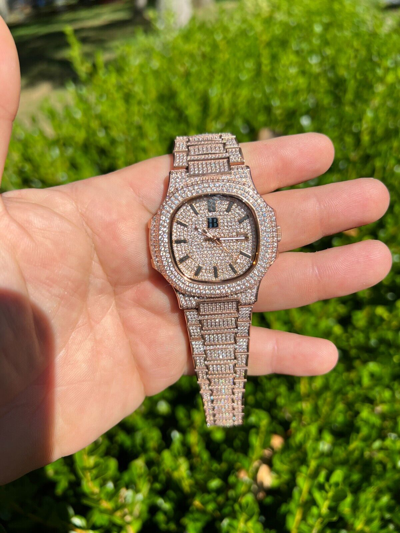 Pre-owned Hip Hop Real Mens Watch Fully Iced Rose Gold Stainless Steel Bust Down Out 41mm