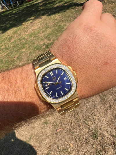 Pre-owned Harlembling Mens Real Stainless Gold Iced 2ct Moissanite Watch Pass Diamond Test Blue Face