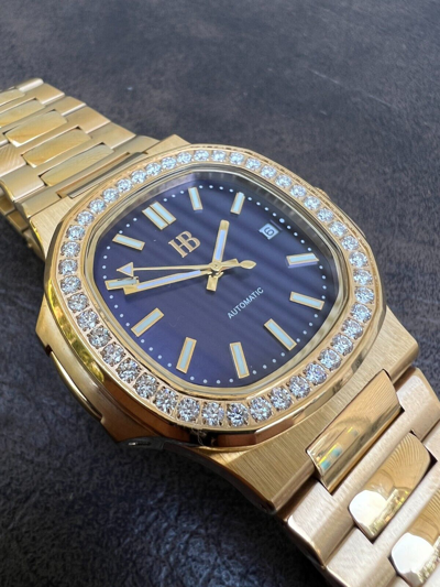 Pre-owned Harlembling Mens Real Stainless Gold Iced 2ct Moissanite Watch Pass Diamond Test Blue Face
