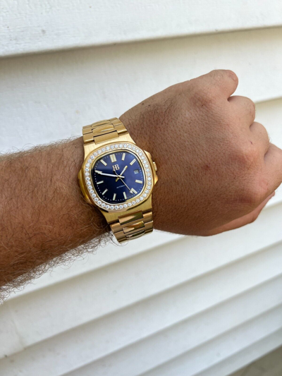Pre-owned Harlembling Mens Real Stainless Gold Iced 2ct Moissanite Watch Pass Diamond Test Blue Face