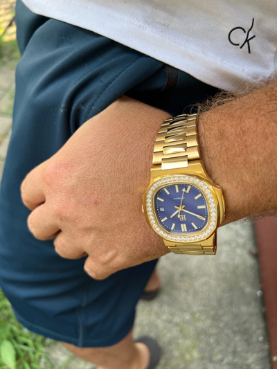 Pre-owned Harlembling Mens Real Stainless Gold Iced 2ct Moissanite Watch Pass Diamond Test Blue Face