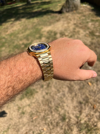 Pre-owned Harlembling Mens Real Stainless Gold Iced 2ct Moissanite Watch Pass Diamond Test Blue Face