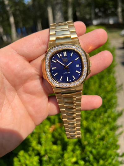 Pre-owned Harlembling Mens Real Stainless Gold Iced 2ct Moissanite Watch Pass Diamond Test Blue Face