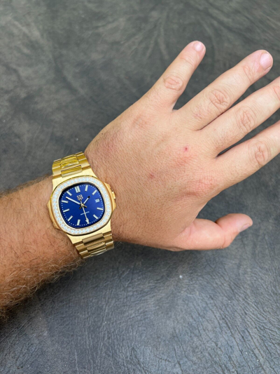 Pre-owned Harlembling Mens Real Stainless Gold Iced 2ct Moissanite Watch Pass Diamond Test Blue Face
