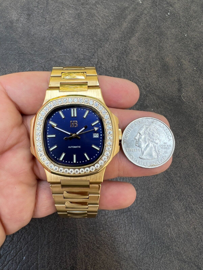 Pre-owned Harlembling Mens Real Stainless Gold Iced 2ct Moissanite Watch Pass Diamond Test Blue Face