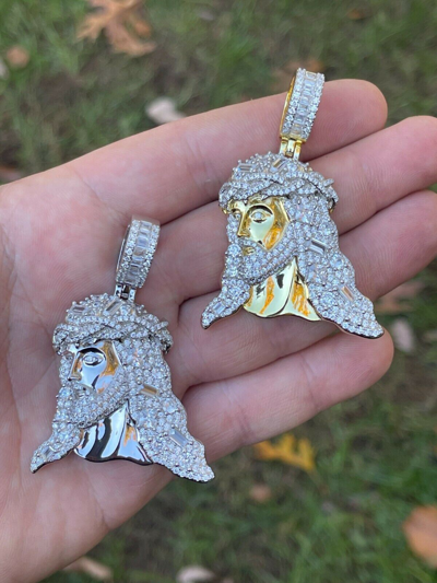 Pre-owned Harlembling Baguette Moissanite 925 Silver Gold Plated Bust Down Jesus Piece Hiphop Necklace