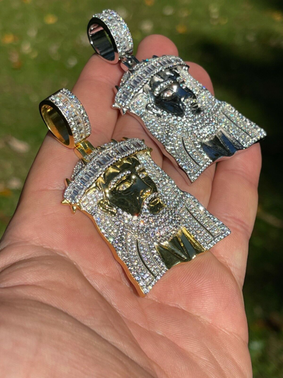 Pre-owned Harlembling 7ct Moissanite 925 Silver 14k Gold Plated Large Jesus Hip Hop Necklace Baguette
