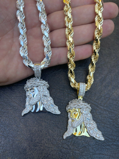 Pre-owned Harlembling Baguette Moissanite 925 Silver Gold Plated Bust Down Jesus Piece Hiphop Necklace