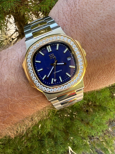 Pre-owned Harlembling Real Stainless & 14k Gold Iced 2ct Moissanite Watch Blue Face Pass Diamond Test