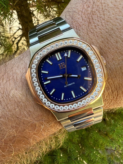 Pre-owned Harlembling Real Stainless & 14k Rose Gold Iced 2ct Moissanite Plain Watch - Skeleton Back