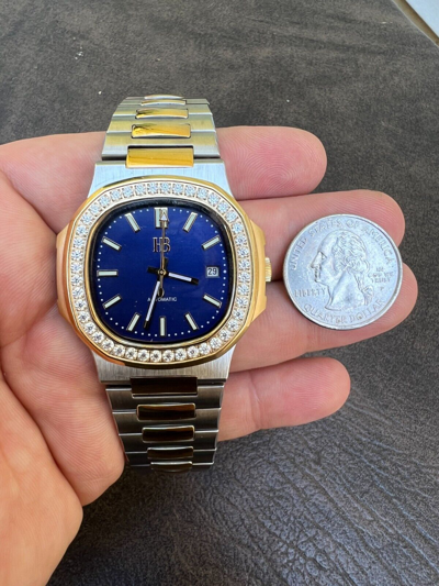 Pre-owned Harlembling Real Stainless & 14k Gold Iced 2ct Moissanite Watch Blue Face Pass Diamond Test