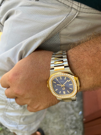 Pre-owned Harlembling Real Stainless & 14k Gold Iced 2ct Moissanite Watch Blue Face Pass Diamond Test