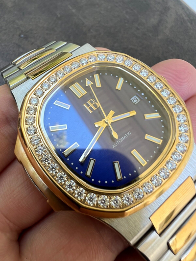 Pre-owned Harlembling Real Stainless & 14k Gold Iced 2ct Moissanite Watch Blue Face Pass Diamond Test