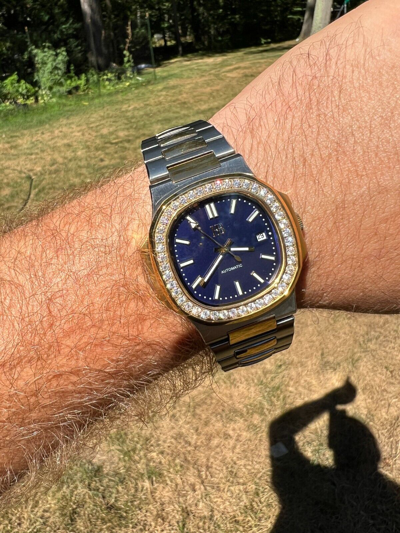 Pre-owned Harlembling Real Stainless & 14k Gold Iced 2ct Moissanite Watch Blue Face Pass Diamond Test