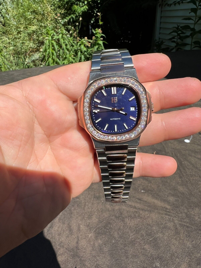 Pre-owned Harlembling Real Stainless & 14k Rose Gold Iced 2ct Moissanite Plain Watch - Skeleton Back