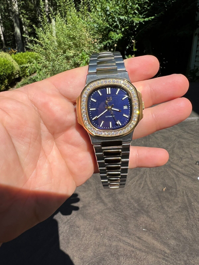 Pre-owned Harlembling Real Stainless & 14k Gold Iced 2ct Moissanite Watch Blue Face Pass Diamond Test
