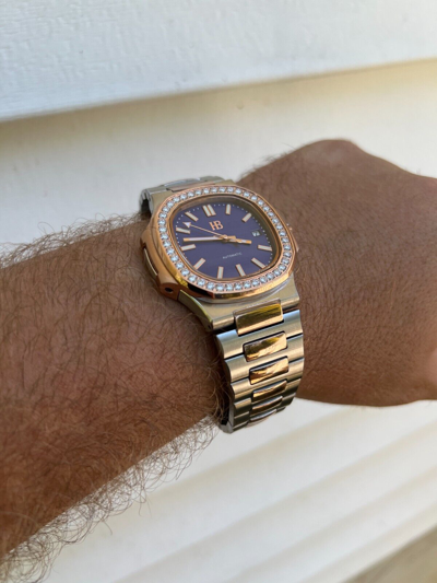 Pre-owned Harlembling Real Stainless & 14k Rose Gold Iced 2ct Moissanite Plain Watch - Skeleton Back