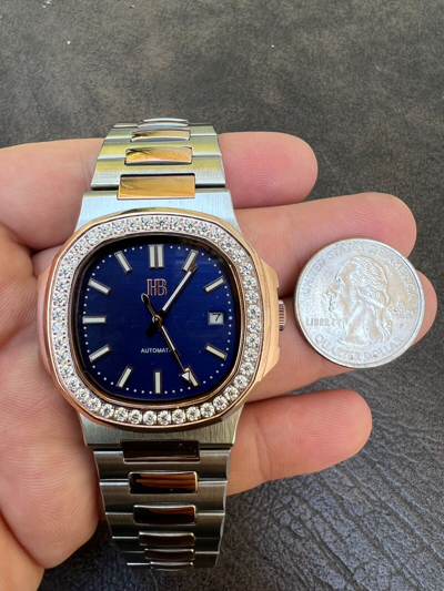Pre-owned Harlembling Real Stainless & 14k Rose Gold Iced 2ct Moissanite Plain Watch - Skeleton Back