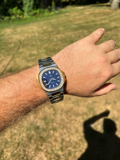 Pre-owned Harlembling Real Stainless & 14k Gold Iced 2ct Moissanite Watch Blue Face Pass Diamond Test