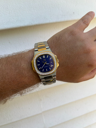 Pre-owned Harlembling Real Stainless & 14k Gold Iced 2ct Moissanite Watch Blue Face Pass Diamond Test