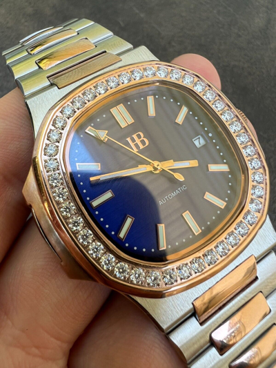 Pre-owned Harlembling Real Stainless & 14k Rose Gold Iced 2ct Moissanite Plain Watch - Skeleton Back