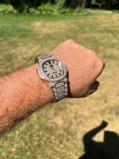 Pre-owned Hip Hop Real 14ct Moissanite Mens Watch Iced Stainless 14k Rose Gold Pass Diamond Test