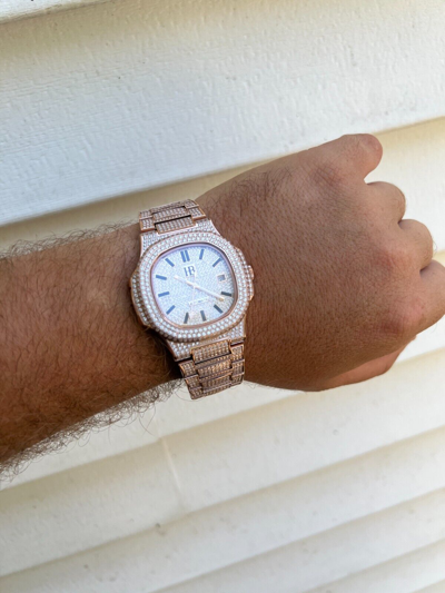 Pre-owned Hip Hop Real 14ct Moissanite Mens Watch Iced Stainless 14k Rose Gold Pass Diamond Test