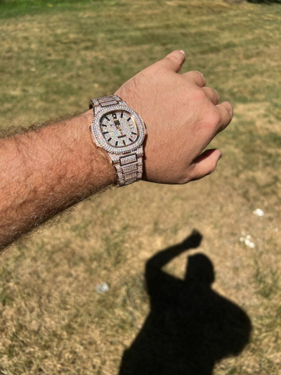 Pre-owned Hip Hop Real 14ct Moissanite Mens Watch Iced Stainless 14k Rose Gold Pass Diamond Test