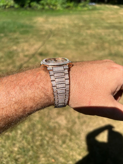 Pre-owned Hip Hop Real 14ct Moissanite Mens Watch Iced Stainless 14k Rose Gold Pass Diamond Test