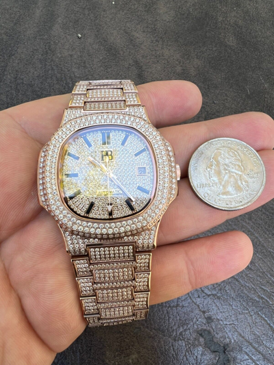 Pre-owned Hip Hop Real 14ct Moissanite Mens Watch Iced Stainless 14k Rose Gold Pass Diamond Test