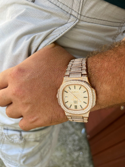 Pre-owned Hip Hop Real 14ct Moissanite Mens Watch Iced Stainless 14k Rose Gold Pass Diamond Test