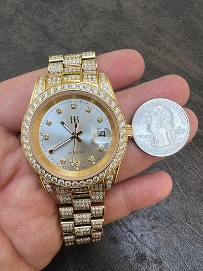 Pre-owned Hip Hop Real 13.3ct Moissanite Automatic Presidential Watch Gold Iced  Pearl Face