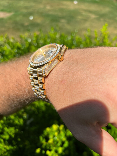 Pre-owned Hip Hop Real 13.3ct Moissanite Automatic Presidential Watch Gold Iced  Pearl Face