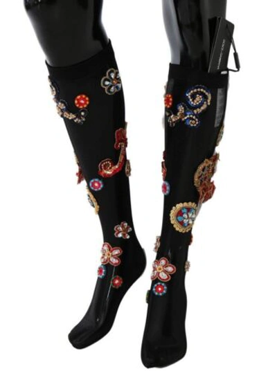 Pre-owned Dolce & Gabbana Dolce&gabbana Women Black Socks Nylon Carretto Crystal Floral Stockings Size S